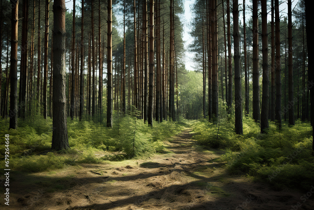 Pine Forest Path. Generative Ai