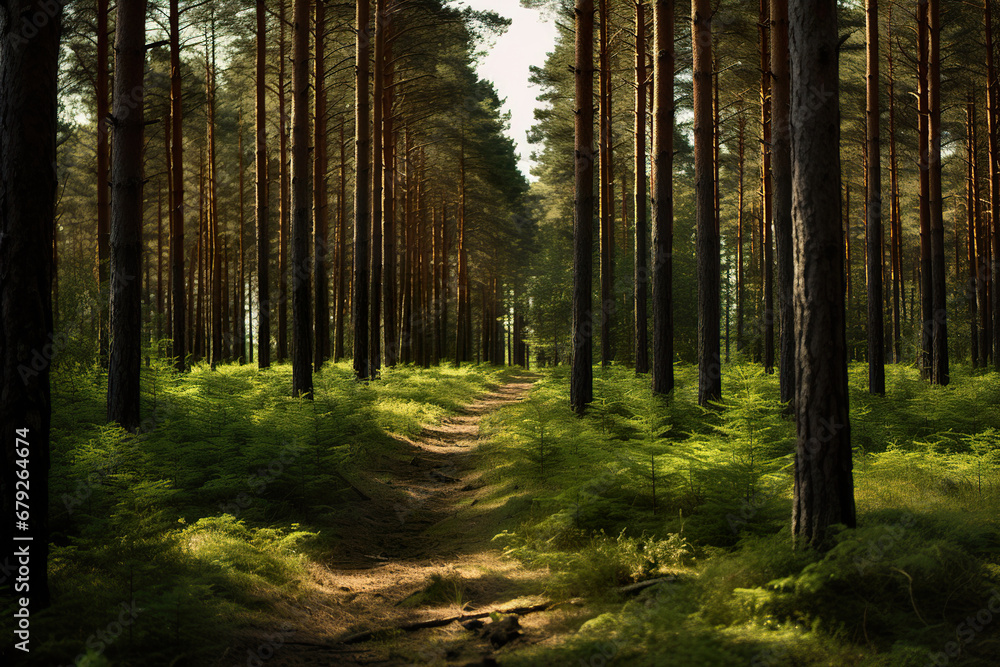 Obraz premium Pine Forest Path. Generative Ai