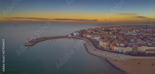 Aerial view of Margate Beach and Harbour Arm at sunset. Kent, England