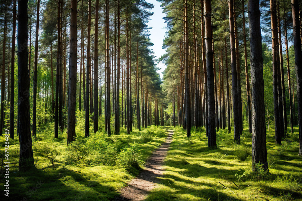 Obraz premium Pine Forest Path. Generative Ai