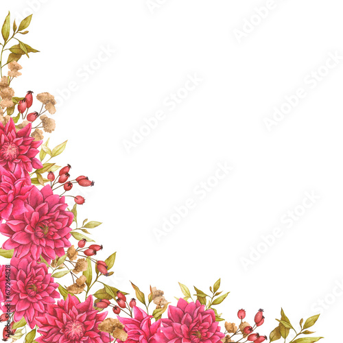 Принти на полотні Floral frame, border of dahlias, foliage, dried flowers and rose hips