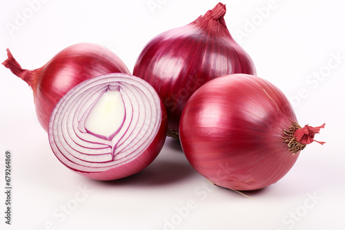 A red onion, both whole and chopped, is depicted against a white backdrop.