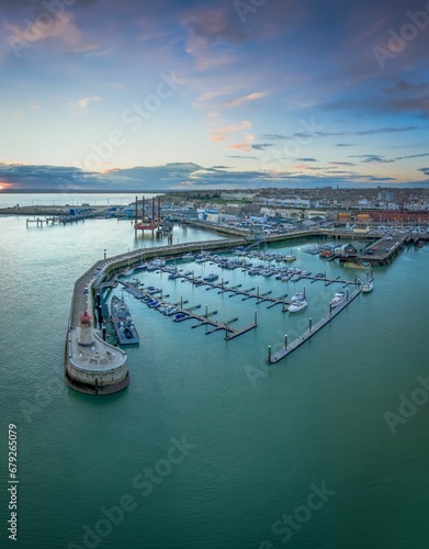 Aerial view of the Marina and Harbour at sunset. Ramsgate, Kent, England