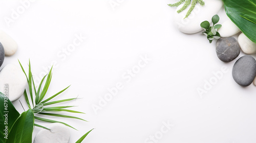 Cosmetic products on a plain backdrop with foliage and pebbles  plus room for text.