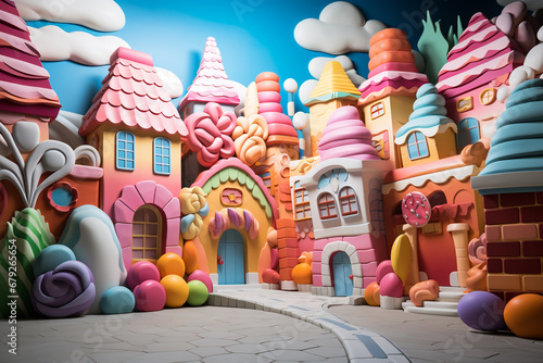 A small town made of candy and sweets. Backdrop for children's parties © Aisyaqilumar