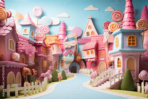 A small town made of candy and sweets. Backdrop for children's parties