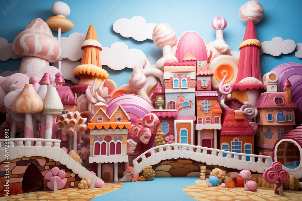 A small town made of candy and sweets. Backdrop for children's parties