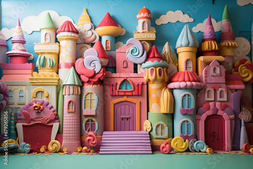 A small town made of candy and sweets. Backdrop for children's parties