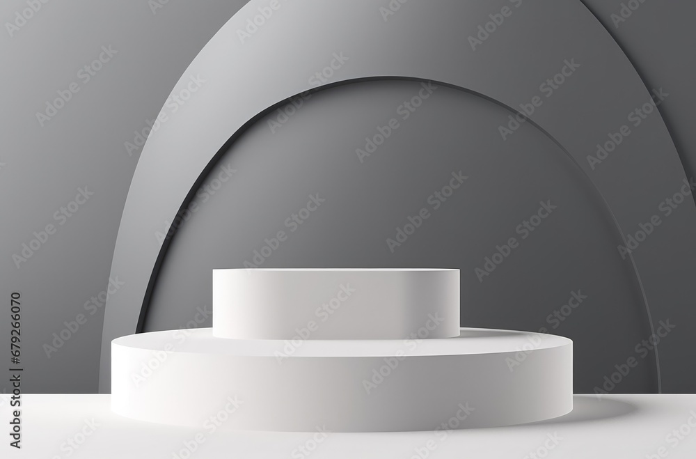 abstract 3d geometric minimal podium platform 3d scene, stand for product showcase presentation, grey and white background - obrazy, fototapety, plakaty 