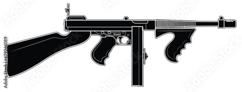 Vector illustration of the Thompson M1921 submachine gun with round magazine and front wooden foregrip on the white background. Black. Right side. photo