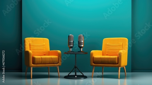 Two chairs and microphone. Podcast, interview concept