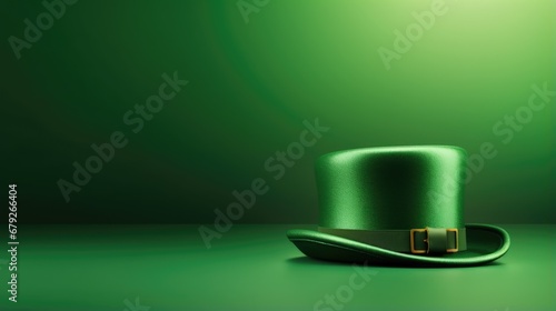 A green leprechaun hat on a green background. St. Patrick's Day holiday banner with free place for text