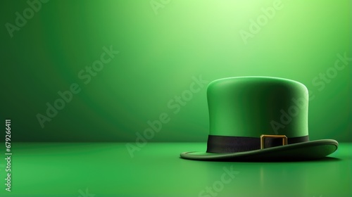 A green leprechaun hat on a green background. St. Patrick's Day holiday banner with free place for text