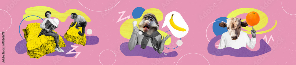 Collage multiple panorama collage people monkey mask and cow disguise order fruits banana orange while girl feeds ice cream wild animal Collage multiple panorama collage people monkey mask and cow disguise order fruits banana orange while girl feeds ice cream wild animal