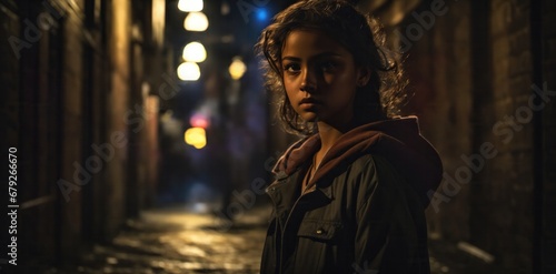 An intense moment captured in a dimly lit alley, where a girl stands under the glow of a single streetlamp. Her eyes reflect determination and strength, while shadows play across her face, adding a to