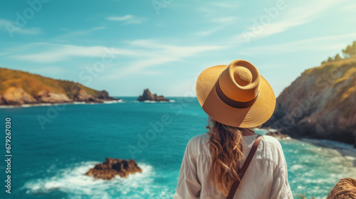 Young travel girl sitting at viewpoint. Hipster girl with backpack.