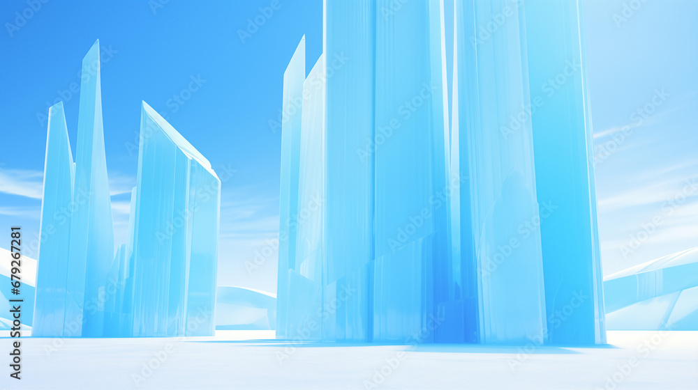 Fototapeta premium A group of blue crystal-like structures which are tall and pointed, with varying heights and widths. The structures are arranged in a line. The background is a bright blue sky with wispy clouds. 