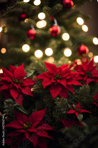 Christmas holly background. Christmas seamless border. Christmas tree garland with poinsettia flowers and glowing lights.