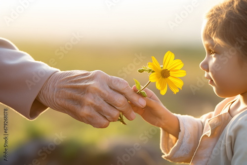 Close up view of hand of old granny giving a flower to little girl. Next generation concept. photo