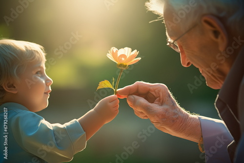 Little child giving a flower to elderly man. Family loving relationship between grandson and grandfather.