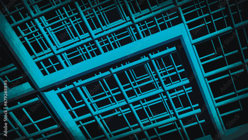Abstract background with blue squares and blue frames on a dark background. Abstract blue grid background rendered in 3d. Vector illustration. Abstract background with blue squares and blue frames on a dark background. Abstract blue grid background rendered in 3d. Vector illustration.