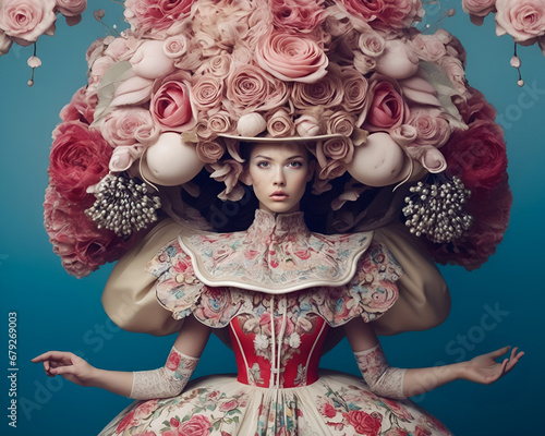 Fashion portrait of a young woman surrounded by exotic flowers. Ideal for fashion concepts, floral arrangements, beauty, elegance, and artistic designs.
