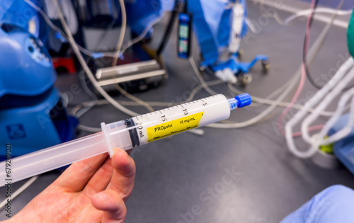 medical syringes with anesthetic drugs in hospital setting  illustrating healthcare  medication  and treatment concept