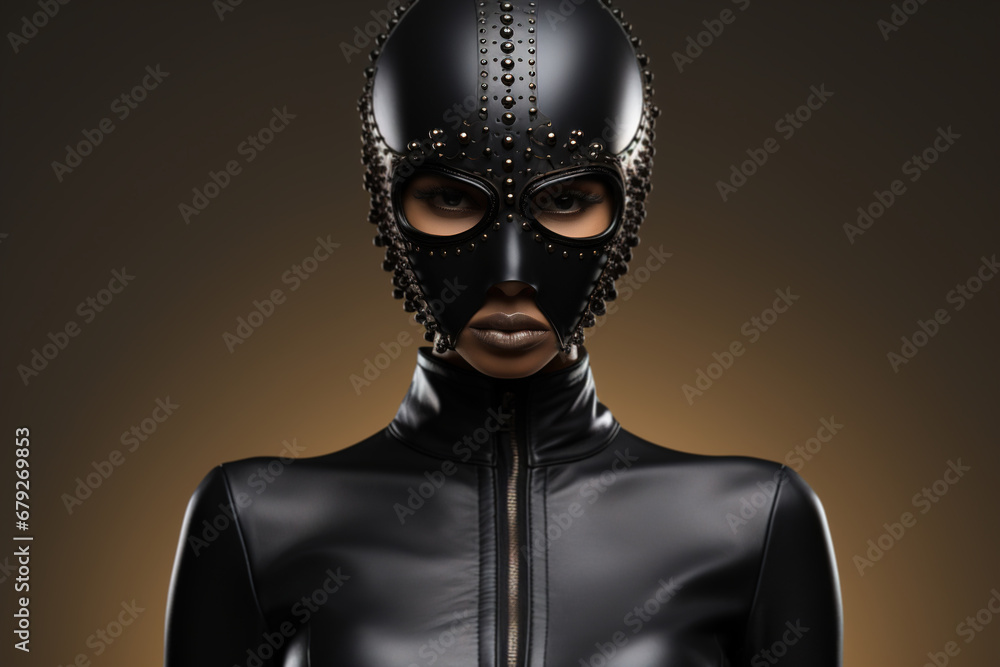 BDSM woman, African American woman in black leather mask and latex fetish suit - obrazy, fototapety, plakaty 