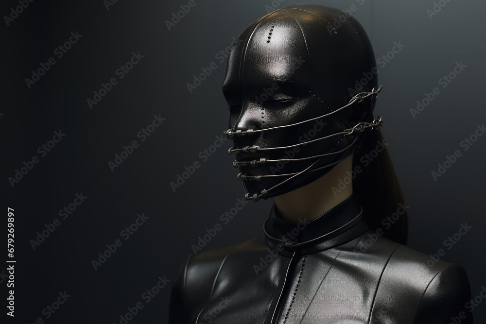 BDSM, fetish, hardcore concept. Female submissive in a black leather mask and erotic latex clothing