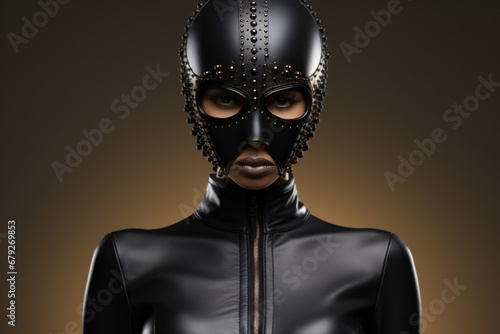 BDSM woman, African American woman in black leather mask and latex fetish suit photo