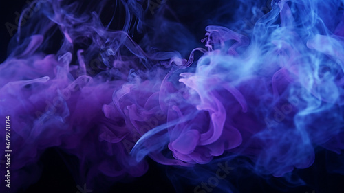 Black scene with purple smoke in the background. Purple mist on the ground. Fog backdrop.