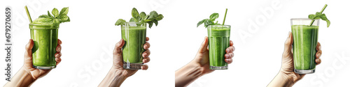 Green smoothie in a glass in hand Hyperrealistic Highly Detailed Isolated On Transparent Background Png File