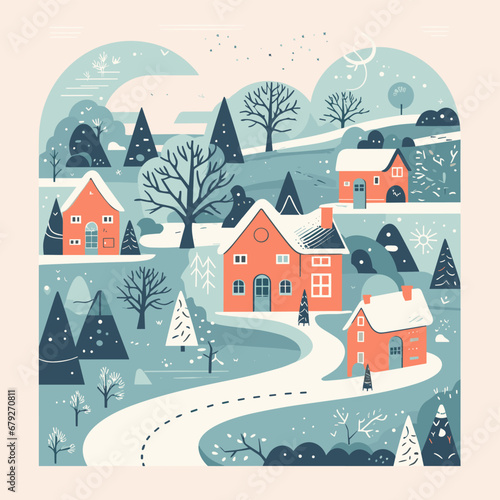 A cute nordic village in a snow covered landscape as scalable vector art