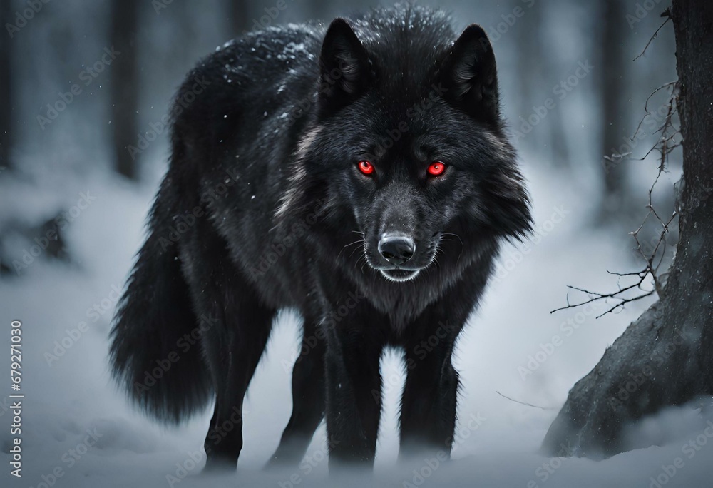 Naklejka premium A black red eye wolf looking furious and ready to attack with winter and snowy background