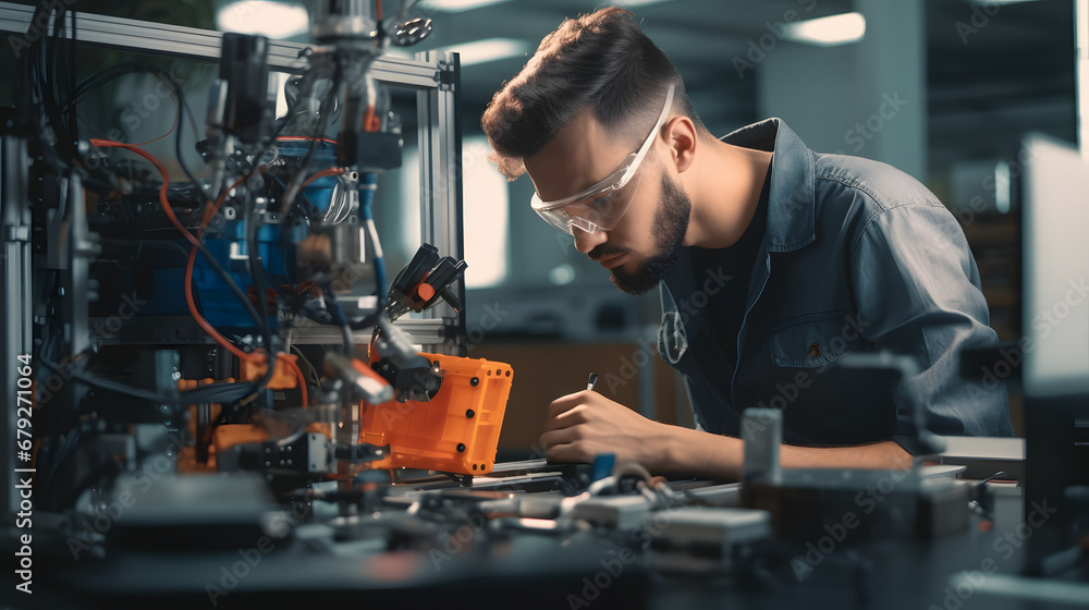 Student engineer Assembling Robotic Arm with computer in Technology Workshop. Service Engineer Holding Robot Controller and Checking Robotic Arm Welding Hardware. Student engineer Assembling Robotic Arm with computer in Technology Workshop. Service Engineer Holding Robot Controller and Checking Robotic Arm Welding Hardware.