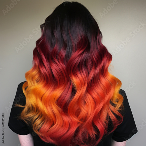 Fotografia con detalle de figura femenina con pelo largo con difuminado de colores rojizos y anaranjados