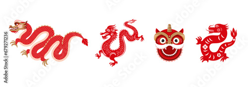 Collection of Chinese traditional dragons illustrations  Lunar  Chinese New Year 2024   Year of the Dragon. Geometric modern style