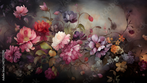 a large painting with flowers on black background ai generative