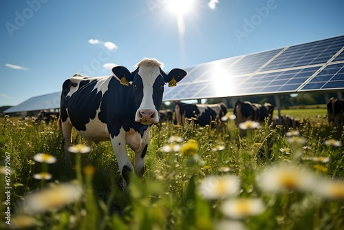 cow in front, solar panel in background, Animal meets technologie, renewable power source, green energy from sun
