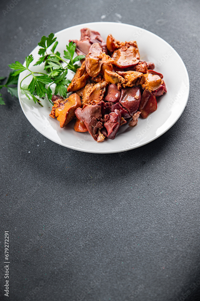 chicken liver confit chicken meat offal cooking appetizer eating meal food snack on the table copy space food background rustic top view chicken liver confit chicken meat offal cooking appetizer eating meal food snack on the table copy space food background rustic top view