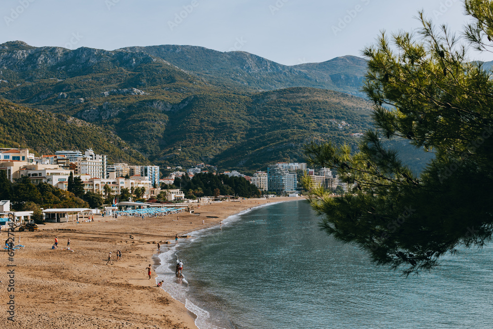 Amazing view of the Adriatic sea and a beach in Becici near Budva. Travel destination in Montenegro.