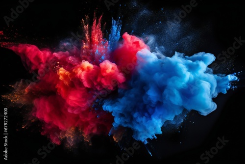 red blue colored powder explosions on black background. Holi paint powder splash