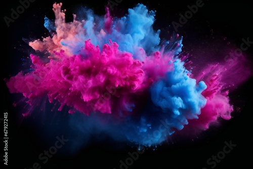 red blue colored powder explosions on black background. Holi paint powder splash