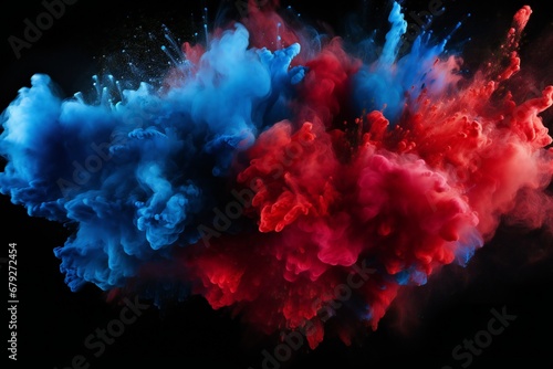 red blue colored powder explosions on black background. Holi paint powder splash