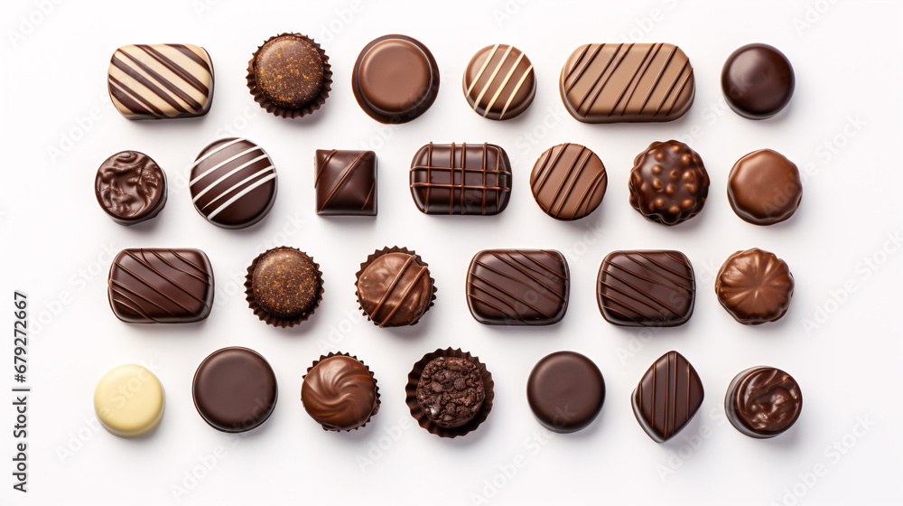 A picture of chocolates isolated on a white surface. A picture of chocolates isolated on a white surface.
