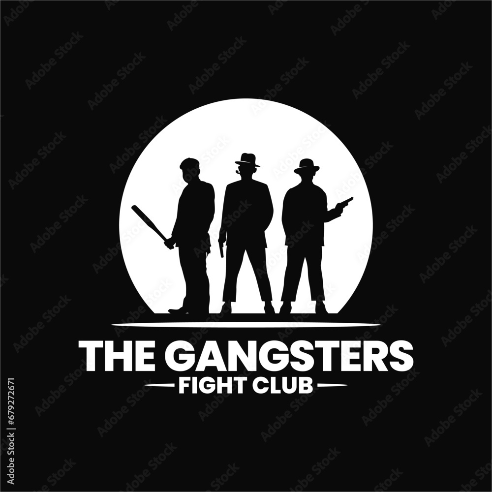 Obraz premium mysterious people silhouette of three gangster mafia, bastard bandit mafioso ghetto with gun shot weapon and baseball stick in hand and smoking pipe in mouth logo design inspiration