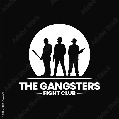 mysterious people silhouette of three gangster mafia, bastard bandit mafioso ghetto with gun shot weapon and baseball stick in hand and smoking pipe in mouth logo design inspiration
