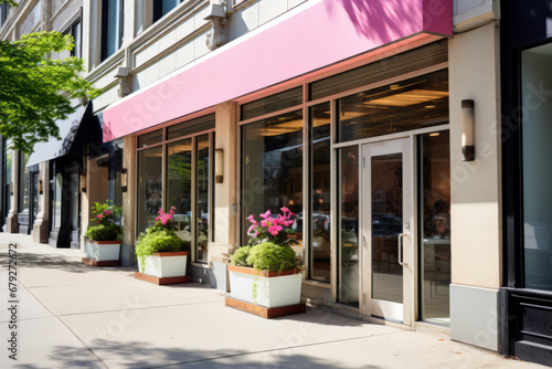 Bright beauty salon facade with large windows and flowers