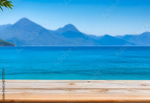 wooden floor for mockup, with sea and mountain,  lagoona background