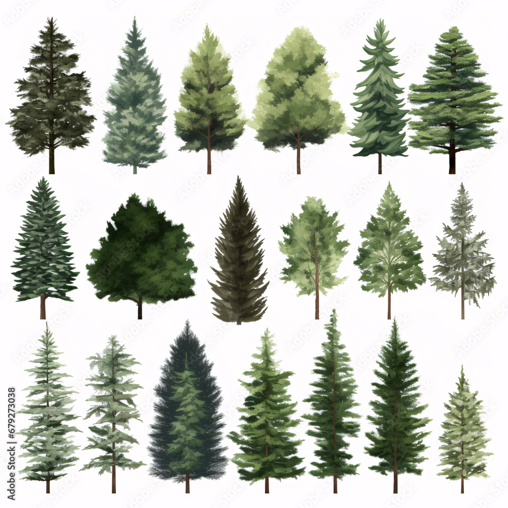 Obraz premium Various evergreen trees on a pristine canvas.